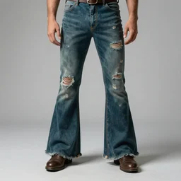 a closeup photo of a ancient male model wearing a teal boot cut flared distressed medieval designer menswear trousers designed by kapital, 4 k, studio lighting, wide angle lens, 2 0 0 4