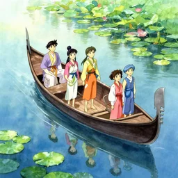 anime movie scene, characters, waterway, fantasy. gondola boat, amazing composition, colorful watercolor, lily pads, reflections, by ruan jia, by maxfield parrish, by koji morimoto, by hikari shimoda, by sparth, by zhang kechun, illustration, gloomy, autumn, giant statues!!!!, winter