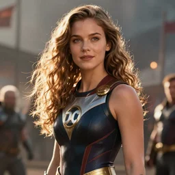 VFX movie still frame portrait beautiful DC vs. Marvel hero natural skin, hero pose, war zone by Emmanuel Lubezki