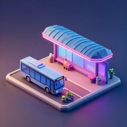 photorealistic 3 d render of bus station, colourful neon, low poly isometric, diorama, octane render, corona render