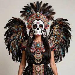 Lady, self-portrait, Symmetry, intricate, Dia de los muertos, skull mask, Aztec ultra detailed feathered dress 4k resolution