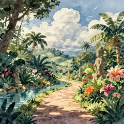 jungle park landscape scene, serene, peaceful, paths, water on one side, exotic flowers, stone statues, beautiful clouds, plantlife, dappled sunlight, rolling expanse, by james gurney, beth sobel, cell shaded illustration, watercolor, realistic, enchanting, inviting