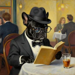 a portrait picture of a black french bulldog wearing a dinner jacket wearing a hat and reading glasses, sitting at a table at a crowded french cafe classic oil painting by salvador dali surrealism