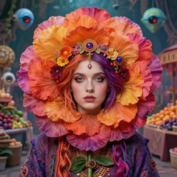 A psychedelic portrait of The flower sorcerer Aubrey and their trascendent squad of cyclops are hiding in the big market. , vibrant color scheme, highly detailed, in the style of romanticism, cinematic, artstation, Moebius, Greg rutkowski futurism, no blur, 4k resolution, sharp ages, ultra detailed, style of John Berkey, Norman Rockwell, Hans Thoma, Ivan Shishkin, Tyler Edlin, Thomas Kinkad
