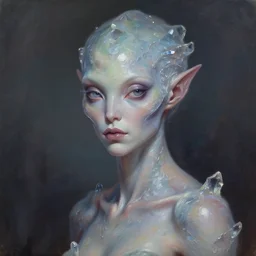 a beautiful alien woman with crystal skin, painted by artgerm and tom bagshaw, fantasy art, dramatic lighting, highly detailed oil painting
