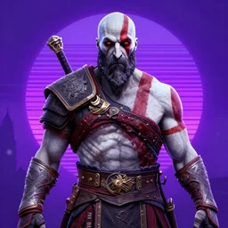 portrait from kratos from god of war, retrowave, synthwave, purple color sheme, trending on artstation