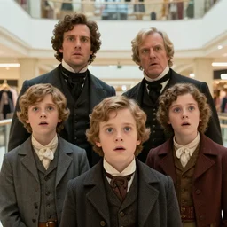 sharp, highly detailed, high quality frame scan from a sci fi blockbuster color movie made in 2019, a family of four time travelers from 1860 travel in time to 2019, appearing in a shopping mall, looking surprised, the family are all wearing 1860s era clothes, good lighting, in focus, cinematic still, high quality scan, in focus, 35mm macro lens, detailed eyes, realistic faces and details, oscar winner, award winning lighting, award winning photography, ultra high definition
