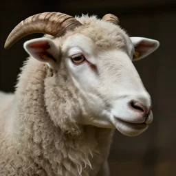 A woman with a sheep head, photorealistic, film still