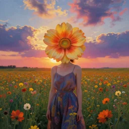 woman with big flower face, standing in flower field, surreal photography, morph, sunrise dramatic light, impressionistic painting, colorful clouds, artstation, dali, simon stalenhag
