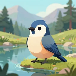 prompt anthropomorphic bird, sitting at a pond, mountainous area, trees in the background, digital art