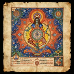 psychedelic shamanic spiritual art, bruce campbell is looking like 😑, illuminated manuscript, papyrus