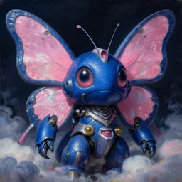 a baroque neoclassicist renaissance close - up portrait of a deep blue and pink iridescent whimsical 1 8 0 0 s japanese mecha gundam butterfly creature with big eyes. reflective detailed textures. puffy clouds, dark background. highly detailed fantasy science fiction painting by moebius, norman rockwell, frank frazetta, and syd mead. rich colors, high contrast. artstation