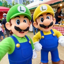15mm selfie photo of luigi and waluigi at an outdoor market