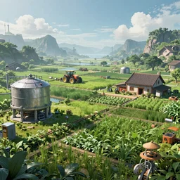 fully detailed landscape of a cyberpunk farm , watertank, futuristic tractors, farmhouse,  Ai , in the future, high quality, 8k , octane render
