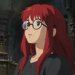 a young girl with red hair and bangs and rounded glasses looking to the sky, cinematic lighting, dramatic atmosphere, studio lighting delicate features finely detailed perfect art, at an ancient city, gapmoe yandere grimdark, trending on pixiv fanbox, painted by greg rutkowski makoto shinkai takashi takeuchi studio ghibli
