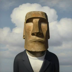 portrait of a moai - head man in a suit, clouds in the background, by rene magritte, detailed painting, distance, middle centered, hd, hq, high resolution, high detail, 4 k, 8 k