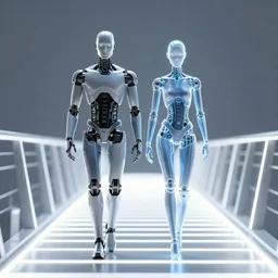 cyborg and hologram figure walking across a bridge made of light xbox photo in game informer magazine ( 2 0 0 4 ). original design by marcus lehto