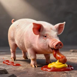 a pig made of sausages wallowing in ketchup and mustard