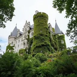 a photo of a castle covered by nature, photorealistic