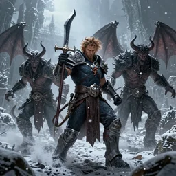reinhardt in the world of Diablo, battling demons, winter, blizzard