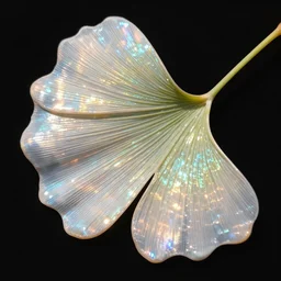 high definition hd photography of a ginkgo leaf, translucent, refractive and reflective, shimmering, pearly iridescent, black background.