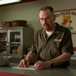 A still of Breaking Bad of Walter White working as an employee of Los Pollos Hermanos, cinematographic
