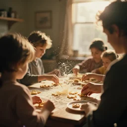 a 3 5 mm photo from the back of a family making cookies, splash art, movie still, bokeh, canon 5 0 mm, cinematic lighting, dramatic, film, photography, golden hour, depth of field, award - winning, anamorphic lens flare, 8 k, hyper detailed, 3 5 mm film grain