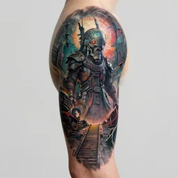 Well-detailed color Tattoo stencil, made in Maya, Blender and Photoshop, octane render, excellent composition, cinematic dystopian brutalist