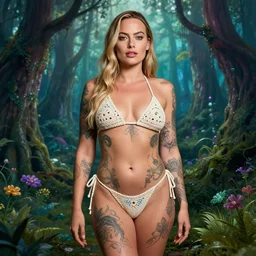 margot robbie portrait with a tattooed body posing in a magical crochet bikini in a magical forest, beautiful eyes, realistic face, full body, fantasy art, in the style of artgerm, illustration, epic, fantasy, intricate, hyper detailed, artstation, concept art, smooth, sharp focus, ray tracing, vibrant