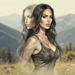 realism tattoo sketch of double exposure megan fox, on beautiful mountain scenery faded background, in the style of andrey lukovnikov