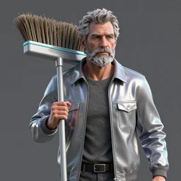 front shot of an old, grizzled male character, carrying a broom by lee james, octane render, polished, glossy, holographic, 8 5 mm f 1. 8 lit edges, elegant luminous intricate quartz highly detailed, artstation sharp focus ray tracing cinematic masterpiece fine portrait