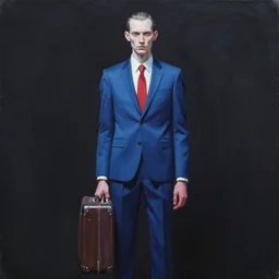 symmetrical painting of a skinny pale man with a short hair combed backwards, wearing a blue suit and a red tie, holding a suitcase in one hand. dark background, rim lighting