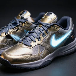 close up product still of The New metallic Ironman Nike sneakers with glowing arc reactor swoosh, 4k