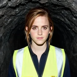 photo, close up, emma watson in a hi vis vest, inside coal mine, portrait, flash photography, kodak gold 2 0 0,