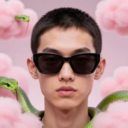 3 d close - up, fashion model in sunglasses, pink clouds background, green snakes, hyper detailed, photo realistic, vouge style photo, drops of clean water, artwork by tooth wu and wlop and beeple and greg rutkowski