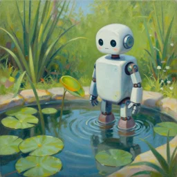 a beautiful painting of a robot pond by abigail larson, trending on artstation