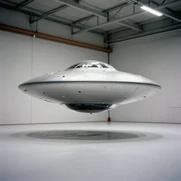 classified grainy film photo of a flying saucer in a hangar, liminal space, mysterious, flash light