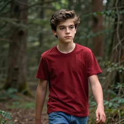 portrait, male teenager, natural eyes, brown hair, thin eyebrows, red shirt, blue jeans, walking in forest, detailed face, realistic photo.