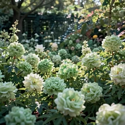 a gorgeous classic garden filled with beautiful flowers in different shades of pale green, paul gaugain