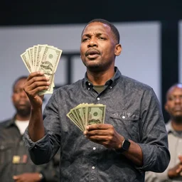 kenneth copeland holding dollar bills, performing in front of big church