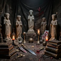 cluttered dark room full of ancient artifacts statues runes candles dusty brooding books magical arcane instruments ritual stone knife blood graffiti drapery atmospheric hdr