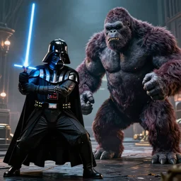 Darth Vader with a lightsaber fighting King Kong