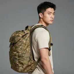 Athletic Young man wearing a beige t-shirt and military backpack, Professional photography, Photorealism - W 768