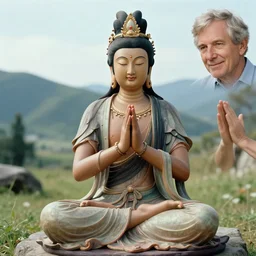 contented peaceful biracial!!! female bodhisattva, praying meditating, in a scenic environment, by james christensen and alan bean