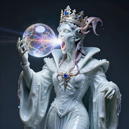 a perfect majestic portrait photograph of a distorted, contorted human monarch. saran wrap robes of shatteree porcelain, and a crown of squid engulfing their head. their gaping mouth is blasting colored rays of pure energy in a fractal glass sphere.