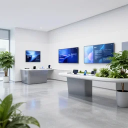 hyperdetailed samsung store, polished concrete, white walls, digital screens, curved furniture, lush plants.