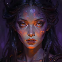 baroque neoclassicist close - up portrait of a dark retrofuturistic alien witch fairy goddess gazing intensely with big eyes. dark purple and orange light. iridescent and reflective textures. highly detailed science fiction painting by norman rockwell, frank frazetta, and syd mead. rich colors, high contrast, gloomy atmosphere. trending on artstation and behance.