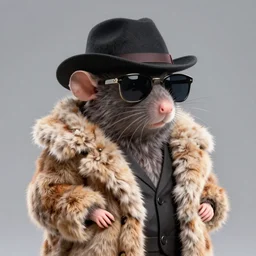 anthropomorphic gangster rat wearing a fur coat, wearing sunglasses and a hat, long fur, detailed, 3d render, 4k, pixar