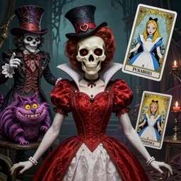 Queen of Hearts, Mad Hatter, Cheshire Cat, Alice in Wonderland, Death Tarot card,highly detailed,half skull face,cinematic,8k,by Stanley Artgermm,Tom Bagshaw,Greg Rutkowski,Carne Griffiths, Ayami Kojima, Beksinski, Giger,trending on DeviantArt,hyper detailed,horror, full of colour
