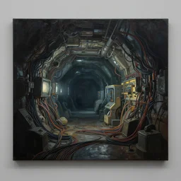 beautiful lifelike studio painting of a futuristic high - tech underground mine, intricate wires and technology, dimly - lit, cinematic lighting. global illumination, trending on artstation, greg rutkowski, hyper detailed, 4 k, high quality, smooth, sharp focus, masterpiece